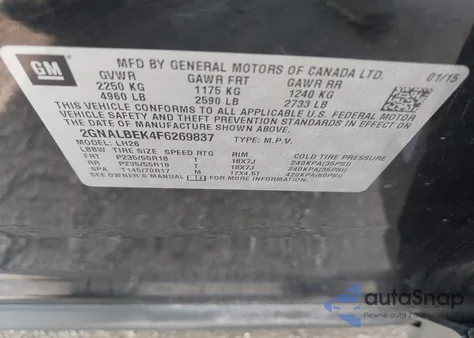 2015 Chevrolet Equinox 1Lt from USA, damaged, VIN 2GNALBEK4F6269837